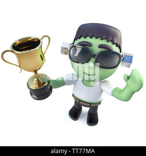 3D-Render eines lustigen Cartoon Halloween Frankenstein monster Holding ein Gold Cup Trophy Award ausgezeichnet Stockfoto