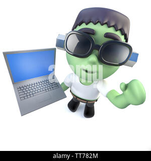 3D-Render eines lustigen Cartoon frankenstein Monster mit einem Laptop. Stockfoto