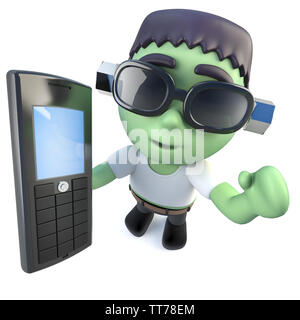 3D-Render eines lustigen Cartoon frankenstein Monster halten ein Handy Stockfoto