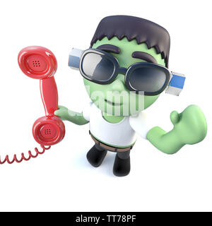 3D-Render eines lustigen Cartoon Frankenstein monster Charakter, die sich am Telefon Stockfoto