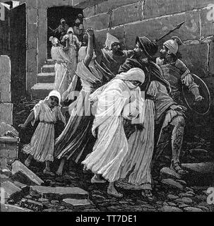 Der Flug von Zedekia, der König Juda's, weggeführt wurden, den Nebukadnezar II. im Jahr 597 v. Chr. im Alter von einundzwanzig. Das Reich war zu dieser Zeit Nebenfluss zu Nebukadnezar II. Trotz Beratung Zedekia Aufstand gegen Babylon, und traten in eine Allianz mit den Pharao Hophra von Ägypten. Nebukadnezar reagierte mit der Invasion Juda und begann die Belagerung von Jerusalem im Dezember 589 v. Chr.. Wenn Nebukadnezar, gelang es bei der Erfassung von Jerusalem Zedekia und seine Anhänger versucht zu entkommen, ihren Weg aus der Stadt, wurden aber in den Steppen von Jericho gefangen, und wurden zu Ribla. Stockfoto