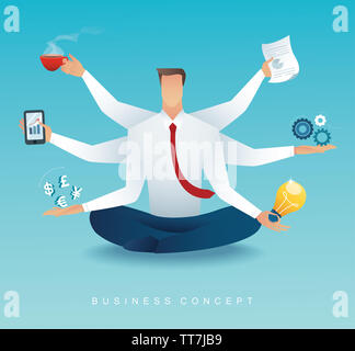 Unternehmer Charakter multitasking harte Arbeit von sechs Arme. Konzept der hart arbeiten Vektor EPS Abbildung 10 Stockfoto
