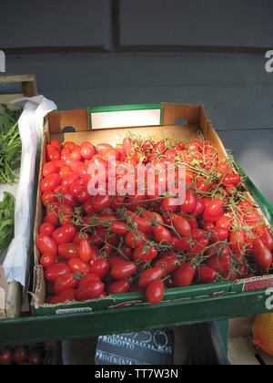 Ein Stilleben von Cherry Tomaten VERKAUFT IN EINEM GESCHÄFT IN Amalfi, Amalfi Küste, Italien. Stockfoto