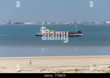 Breskens, Niederlande, 21. April 2019, Paar am Strand von Breskens mit dem Trailing Suction Hopper Schwimmbagger DC Brügge im Hintergrund Stockfoto