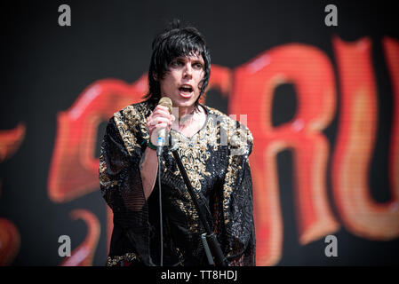 Lukas Spiller, Sänger der englischen Band die Verstrebungen, die live auf der Bühne des Firenze Rocks Festival 2019 in Florenz, Italien, Öffnung für Eddie Stockfoto