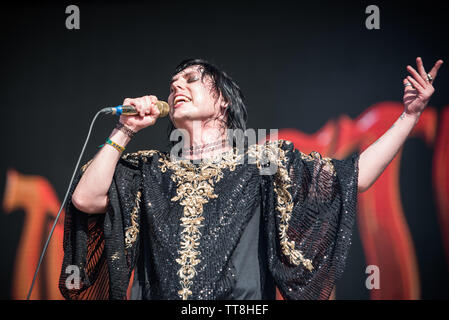 Lukas Spiller, Sänger der englischen Band die Verstrebungen, die live auf der Bühne des Firenze Rocks Festival 2019 in Florenz, Italien, Öffnung für Eddie Stockfoto