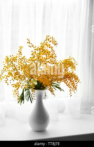 Schöne Zweige von Mimosa in Vase auf Fensterbank Stockfoto