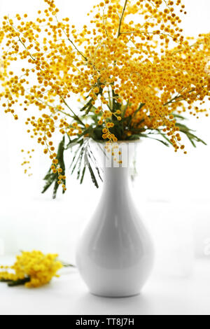 Schöne Zweige von Mimosa in Vase auf Fensterbank Stockfoto