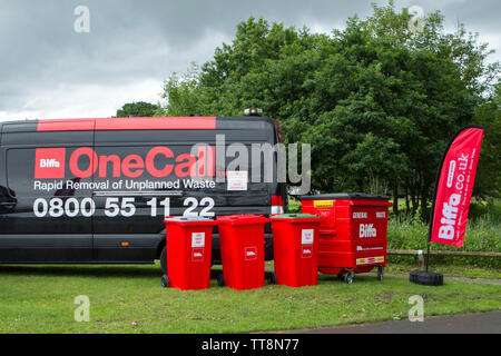 Biffa Abfallwirtschaft Promotion stand auf der Leyland Park Festival in Lancashire, Großbritannien Stockfoto