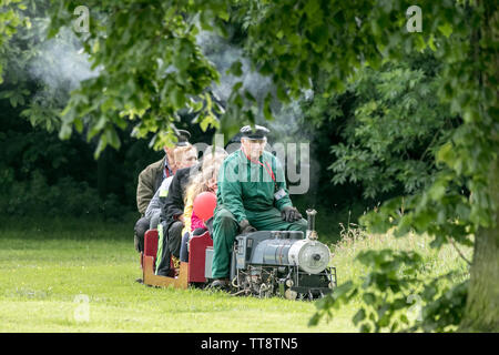 Eine Fahrt mit einer Miniatur-Dampflokomotive, die Passagiere im Leyland Park, Lancashire, Großbritannien, befördert Stockfoto