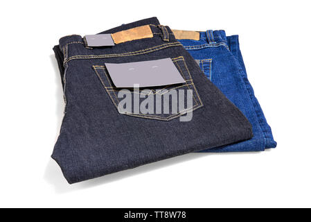 Dunkelblau und Hellblau texturierte Jeans Denim mit Etikett, um in der Perspektive Stockfoto