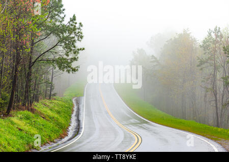 Horizontale Schuß eines nassen geschwungene Bergstraße im Nebel mit kopieren. Stockfoto