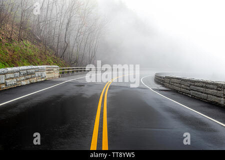 Horizontale Schuß eines Mountain Road, verschwindet in Nebel mit kopieren. Stockfoto