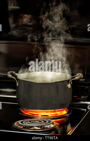 Vertikaler Bewässerung Kochen in einem holländischen Ofen auf einem Herd mit einem rot glühenden Element. Stockfoto