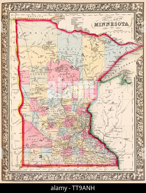 Karte von Minnesota, Grafschaften, erste veröffentlichte ca. 1863 ich interessante, alte 19 ausgewählt haben. und Anfang des 20. Jahrhunderts Grafiken für digitale Restaurierung und Bearbeitung. Die Bilder wurden dann eingestellt und erhellt die Bilder für die Anzeige und andere Zwecke geeignet zu machen. Das resultierende Bild bringt viele Details und Wahrzeichen, die dieser Karte eine große historische Referenz- und Gesprächsstoff. © 2019 für diese restaurierte Reproduktion. Stockfoto