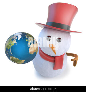 3D-Render eines lustigen Cartoon Schneemann trägt einen Hut und hält eine Kugel der Erde Stockfoto
