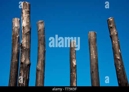 Gruppe von verkohlten Holzpfähle gegen den blauen Himmel Stockfoto