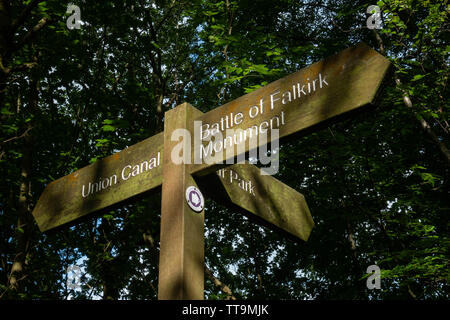 Schlacht von Falkirk Monument und Union Canal Wegweiser auf der John Muir Weg lange Strecke Fußweg, Falkirk, Schottland, UK Stockfoto