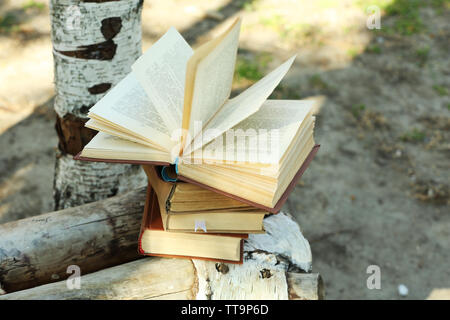 Stapel von Büchern auf der Werkbank, im Freien Stockfoto