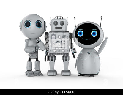 3D-Rendering Group der freundliche Roboter auf weißem Hintergrund Stockfoto