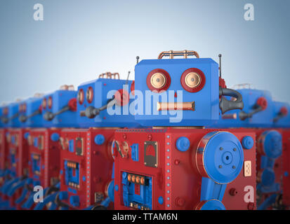 3D-Rendering Group der Roboter Tin Toy oder Roboter Armee Stockfoto