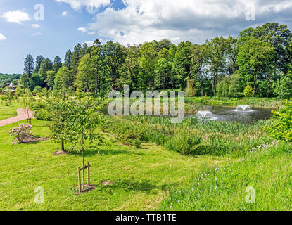Teich mit Springbrunnen in der Nähe von Dumfries Aboretum in Haus und Garten in Dumfries House Estate in der Nähe von Cumnock East Ayrshire, Schottland Großbritannien Stockfoto