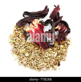 Verschiedene Arten von Tee und Kräuter Gewürze auf weißen isoliert Stockfoto