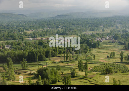 Schönen grünen Kaschmirischen Landschaft als vom Flugzeug Fenster gesehen beim Anfahren Srinagar Flughafen, Reisen von Delhi nach Srinagar. Stockfoto