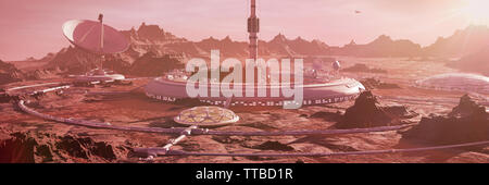 Station auf dem Mars Oberfläche, erste Kolonie auf dem Mars in der Wüste Landschaft auf dem Roten Planeten (3D-rendering Banner) Stockfoto
