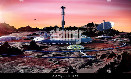 Station auf dem Mars Oberfläche, erste Kolonie auf dem Mars in der Wüste Landschaft auf dem Roten Planeten (3D-Rendering) Stockfoto