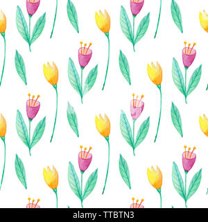Aquarell Blumen nahtlose Muster mit rosa und gelbe Blumen und grüne Blätter. Natur Hintergrund Stockfoto