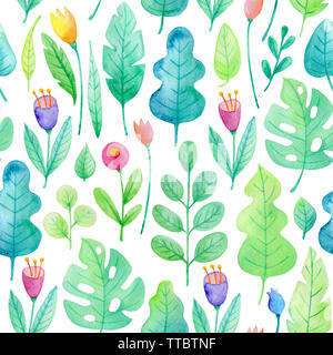 Aquarell Blumen nahtlose Muster mit Blumen und grüne Blätter. Natur Hintergrund Stockfoto