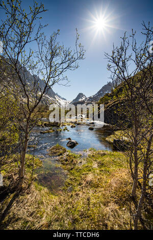 Schönen bewaldeten Tal mit Stream von hohen Gipfeln im Frühjahr mit Schnee umgeben, Lofoten, Norwegen, nördlich des Polarkreises, gegen Th genommen Stockfoto