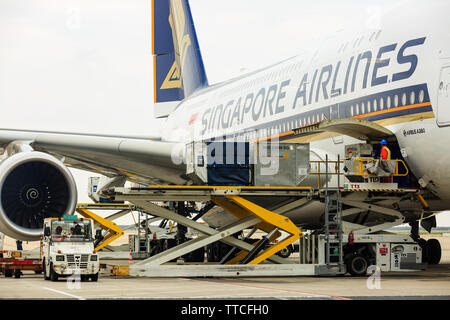 China, Shanghai-20 APR 2019: kommerzielle Fluglinie Flugzeug für die Lieferung und Wartung am internationalen Flughafen Shanghai Pudong geparkt Stockfoto