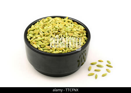 Fenchel Samen in Plastik Schüssel auf weißem Hintergrund. Stockfoto