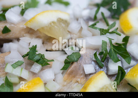 Marinierter Hering mit Petersilie, Zwiebel und Zitronenscheiben auf weiße Platte Stockfoto