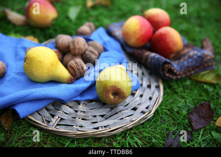 Obst und Walnüsse auf Geflochtenen Matte, auf grünem Gras Hintergrund Stockfoto