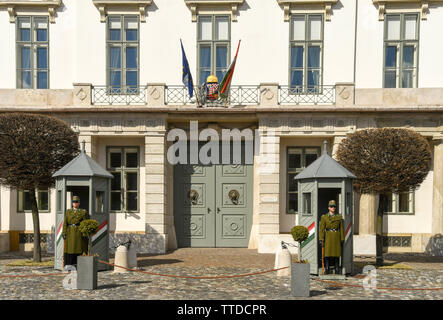 BUDAPEST, Ungarn - März 2018: Soldaten auf der Hut vor der Residenz in Budapest Schloss Stockfoto