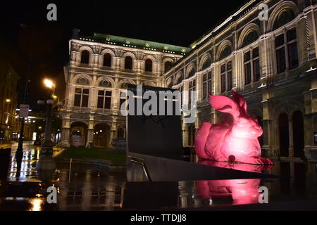 Pink bunny Skulptur an der Staatsoper in einer regnerischen Nacht in Wien Stockfoto