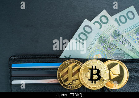 Physische Bitcoin, Litecoin und des Astraleums Goldmünzen mit polnischen Währung (PLN) auf einem schwarzen Stein Schiefer Platte mit Kette. Abstrac Cryptocurrency exchange Stockfoto