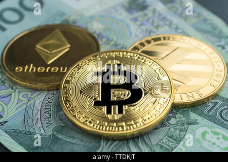 Physische Bitcoin, Litecoin und des Astraleums Goldmünzen mit polnischen Währung (PLN) auf einem schwarzen Stein Schiefer Platte mit Kette. Abstrac Cryptocurrency exchange Stockfoto