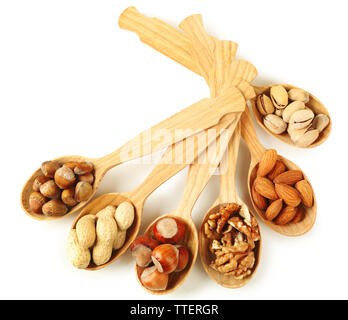Holzlöffel mit Haselnüssen, Walnüssen, Pistazien, Mandeln, Eicheln und Erdnüsse, isoliert auf weißem Stockfoto