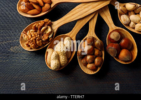 Löffel mit Haselnüssen, Walnüssen, Pistazien, Mandeln, Eicheln und Erdnüsse, auf grau Holz- Hintergrund Stockfoto