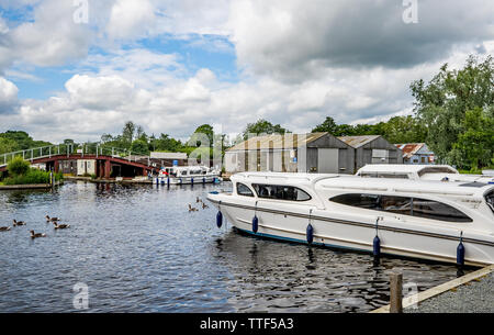 Die öffentlichen Liegeplätze auf dem Fluss Bure in der Stadt Wroxham, Norfolk Stockfoto