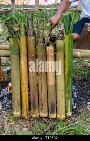 Brennende Bambus Reis in traditionelle Küche, asiatische Küche. Ubud, Insel Bali, Indonesien. Close Up. Verbrannt und klebrigen Reis mit Kokosmilch in Bambus Stockfoto