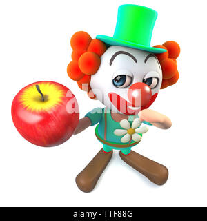 3D-Render eines lustigen Cartoon clown Charakter Holding einen roten Apfel Stockfoto