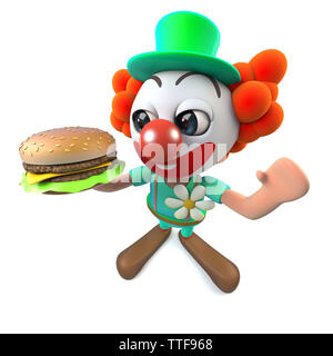 3D-Render eines lustigen Cartoon clown Charakter Holding ein Käse Burger Stockfoto