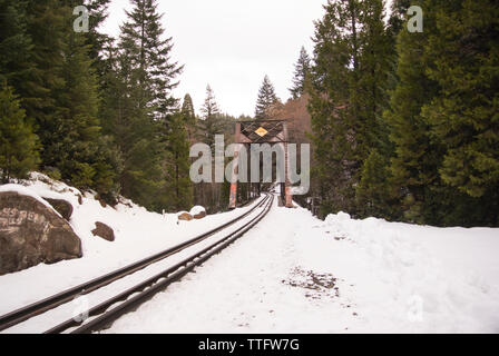 Bahngleise in einem verschneiten Wald Landschaft mit einer alten Brücke aus Metall.