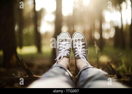 Untere Partie der Frau sitzt auf Feld im Wald Stockfoto