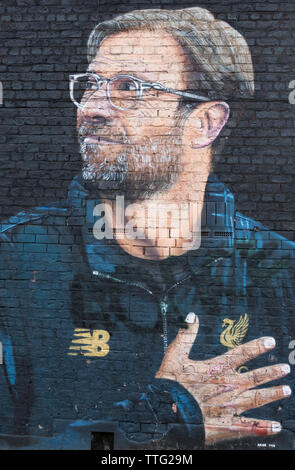 Jürgen Klopp Wandbild, Liverpool FC Manager der street artist Akse, Jamaica Street, Liverpool, Großbritannien Stockfoto
